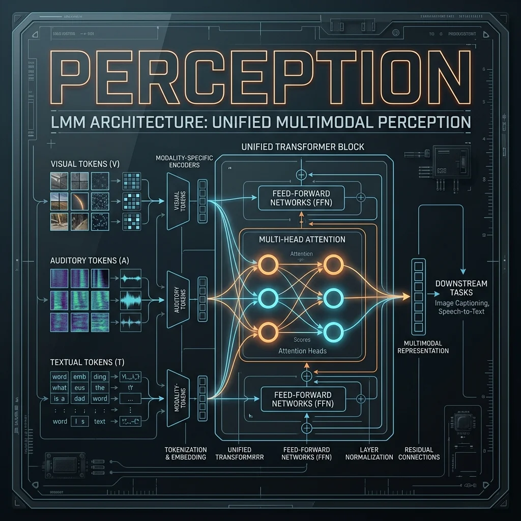 PERCEPTION Engine — The unified transformer backbone for cross-modal reasoning. Cinematic 2D Blueprint: LMM Architecture