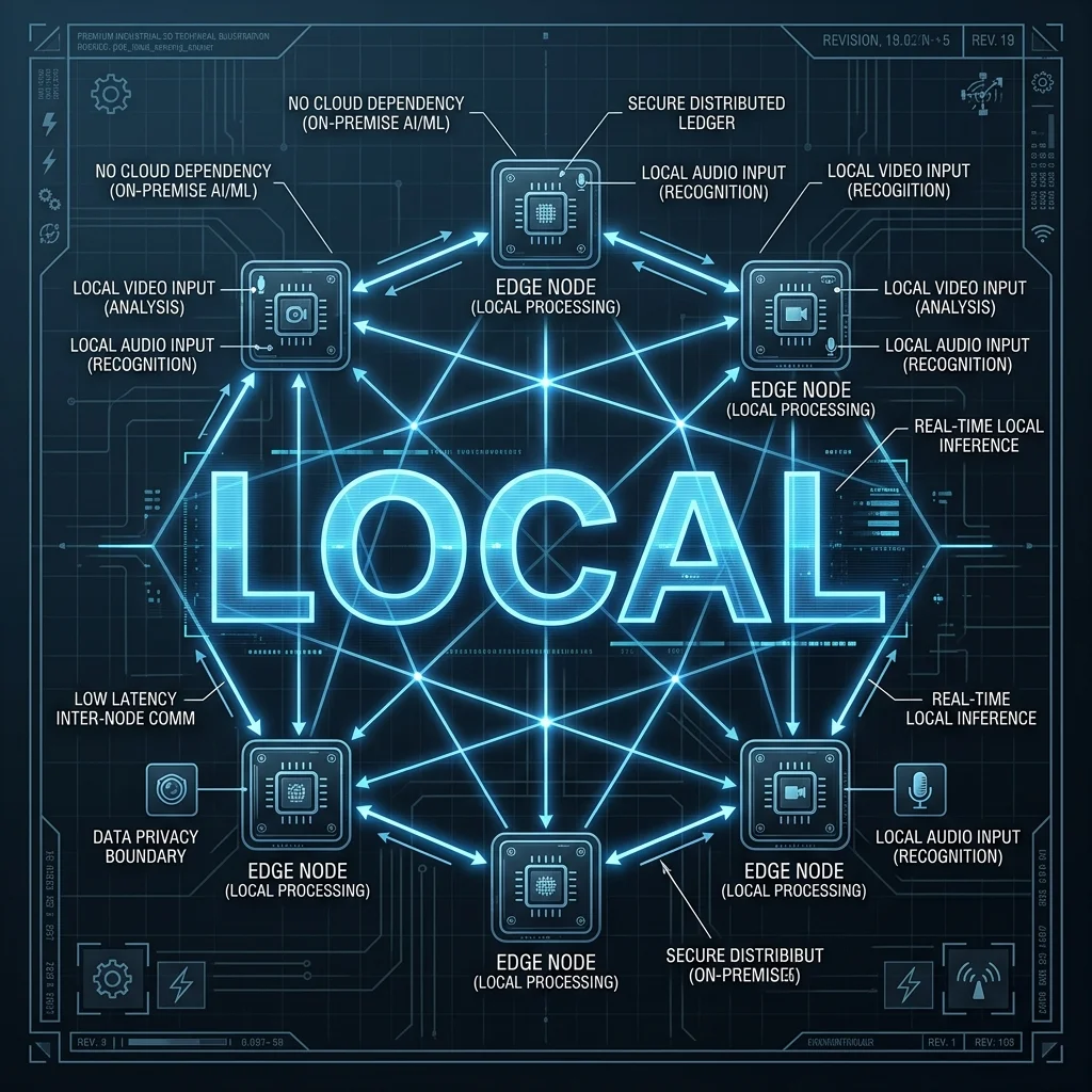 LOCAL Orchestration — Scalable edge mesh for decentralized perceptive intelligence. Cinematic 2D Blueprint: The Local Sensing Cluster