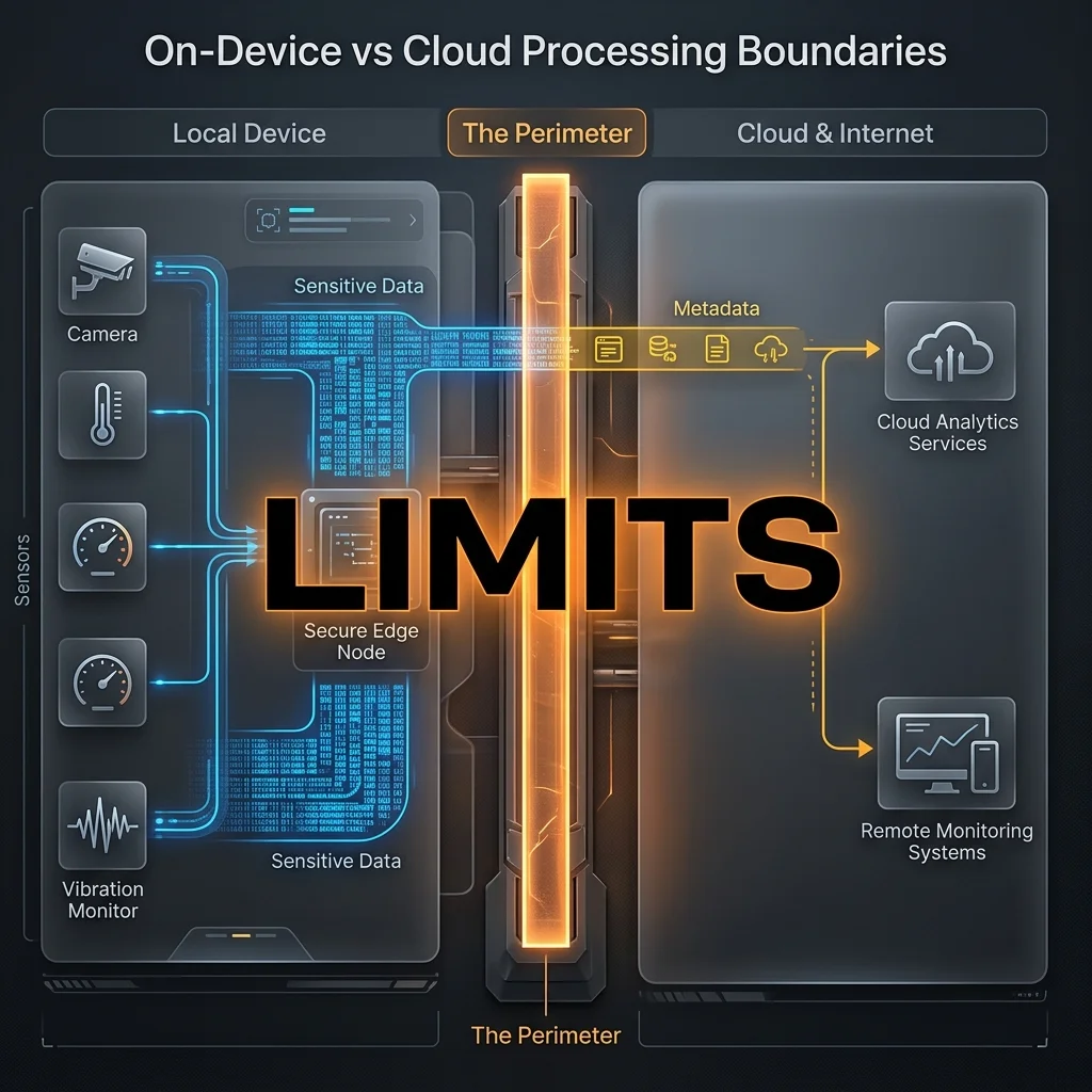 LIMITS Engine — Defining the Hard Wall between raw sensory data and external networks. Visualization: On-device vs Cloud processing boundaries