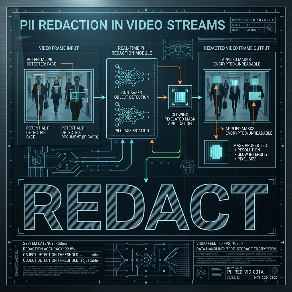 REDACT Engine — Real-time blurring of faces, documents, and PII at the sensor edge. Technical Diagram: Redacting PII in video streams locally