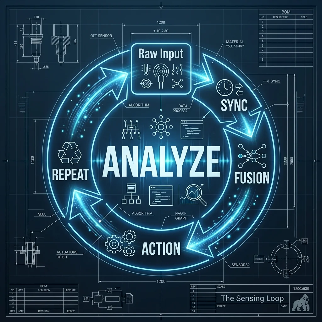 ANALYZE Engine — The continuous loop from sensory ingestion to autonomous action. Cinematic 2D Blueprint: The Sensing Loop