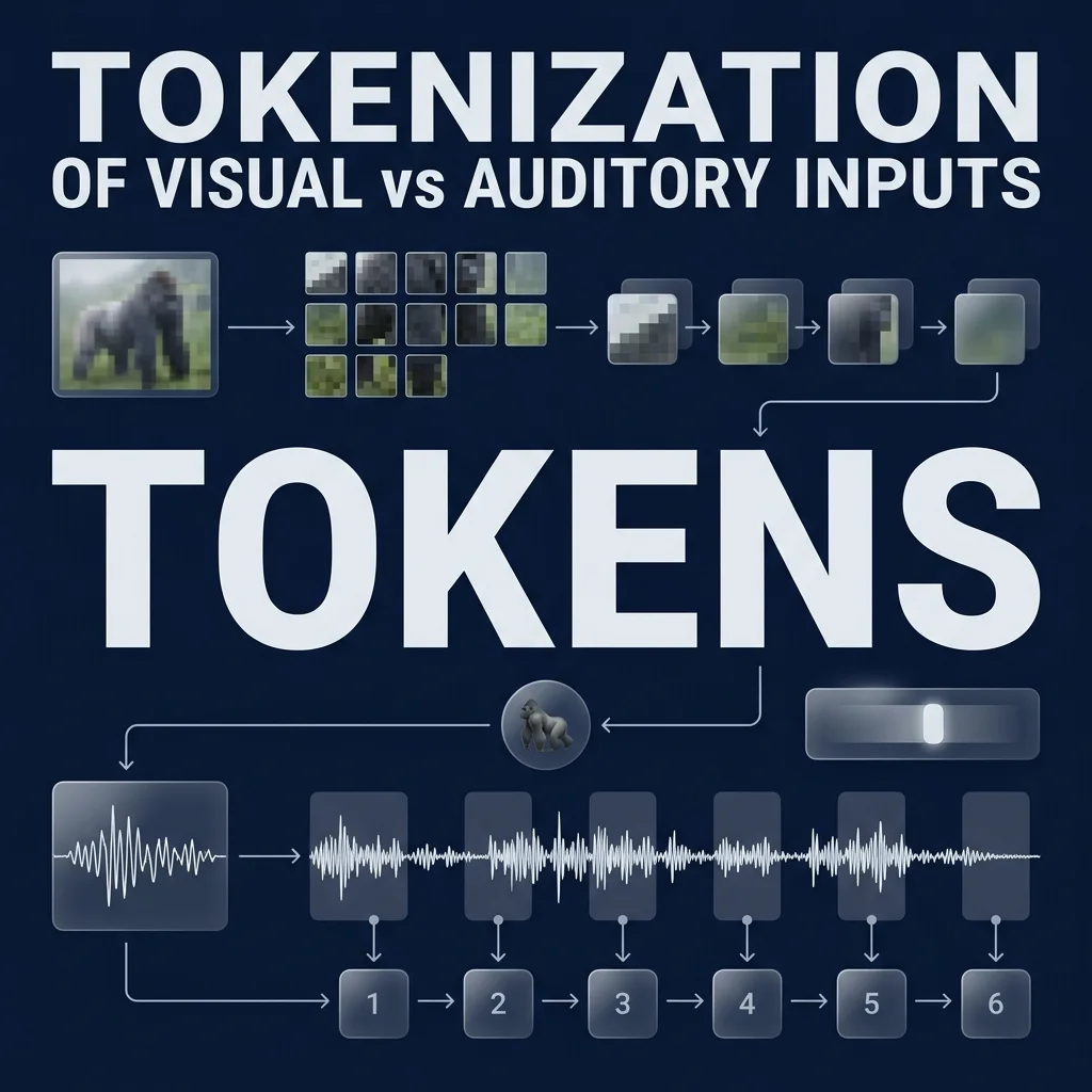 TOKENS Core — Aligning pixels and waves into a unified transformer sequence. Technical Diagram: Tokenization of visual vs auditory inputs