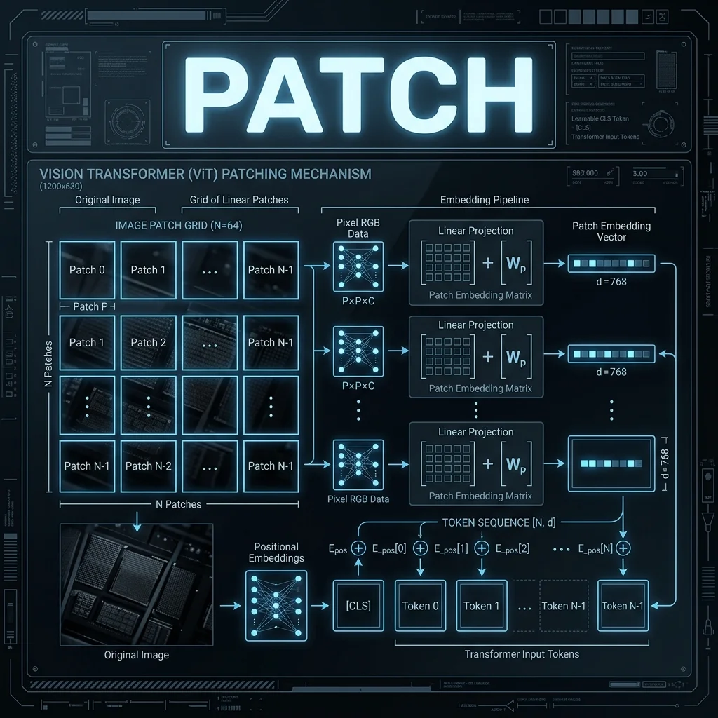 PATCH Core — Decomposing visual reality into transformer-compatible token sequences. Cinematic 2D Blueprint: ViT Patching mechanism
