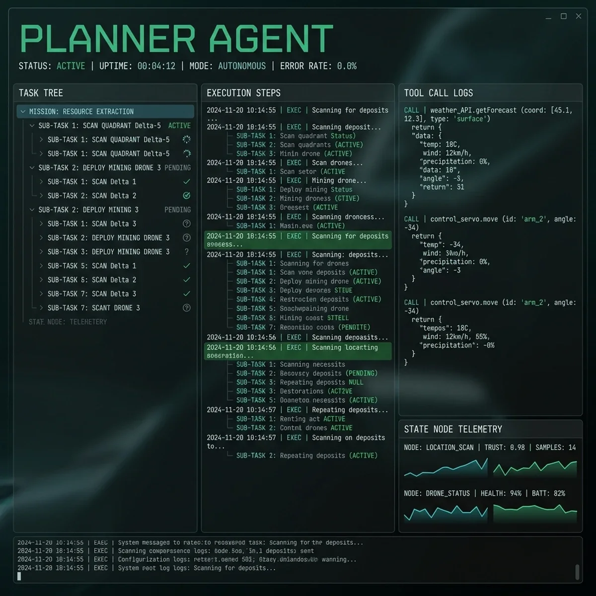 UI Screenshot: Agent Orchestration Console showing active task queues, planner logs, and approval buttons.
