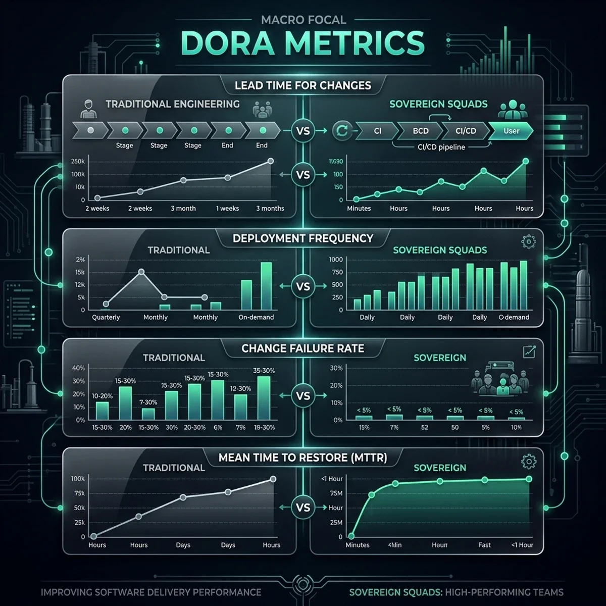 UI Screenshot: DORA performance dashboard displaying active changes in lead time, deployment frequency, and CFR.