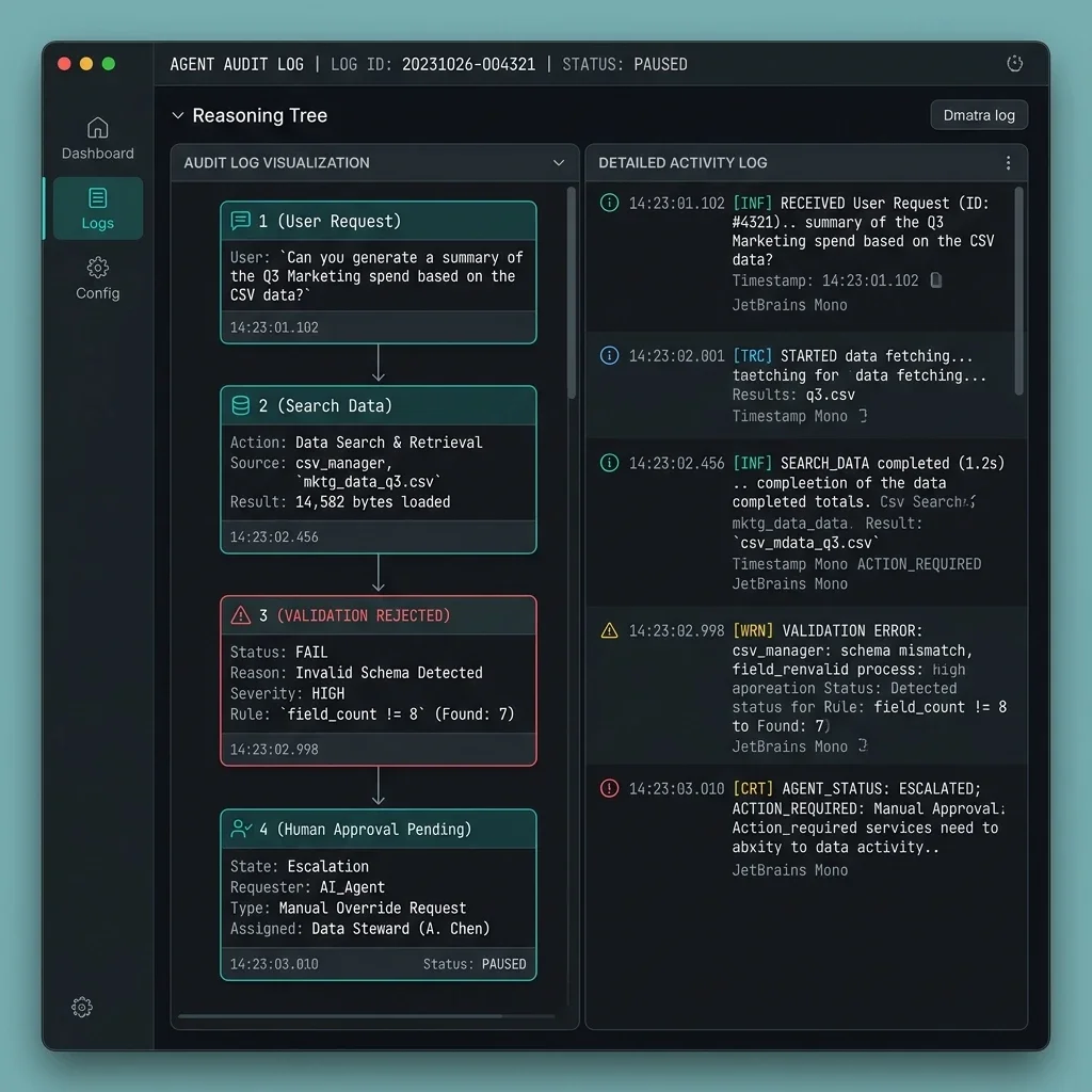 Full Auditability: Step-by-Step Reasoning Trace. Every agentic thought is persisted, allowing for real-time validation rejection and retrospective compliance reporting. Agent Audit Ledger