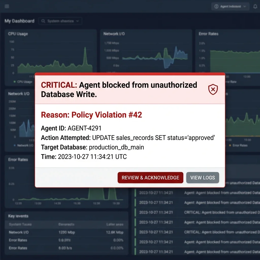 System Security: Deterministic Policy Violation Alert. Visual confirmation of a blocked unauthorized action, preventing data corruption or financial loss before execution. Critical Incident Response