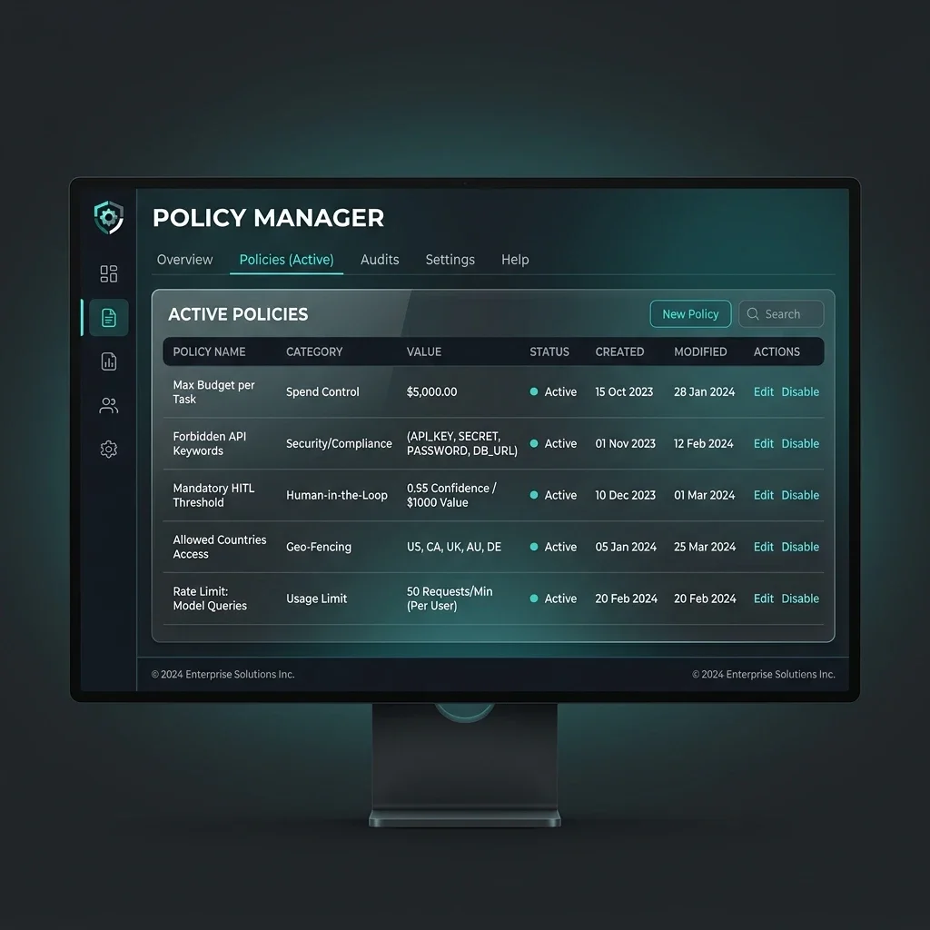 System Visibility: The Sovereign Policy Manager. A white-labeled dashboard enabling administrators to set deterministic budget, security, and recursion limits across the agent fleet. Policy Manager Dashboard