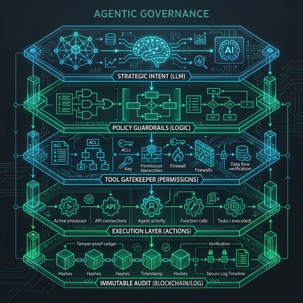 Strategic Blueprint: The 5-Layer Agentic Governance Stack. Illustrating the decoupling of reasoning nodes from action-gated tool boundaries with 100% state persistence. Agentic Governance Architecture — The Sovereign Stack