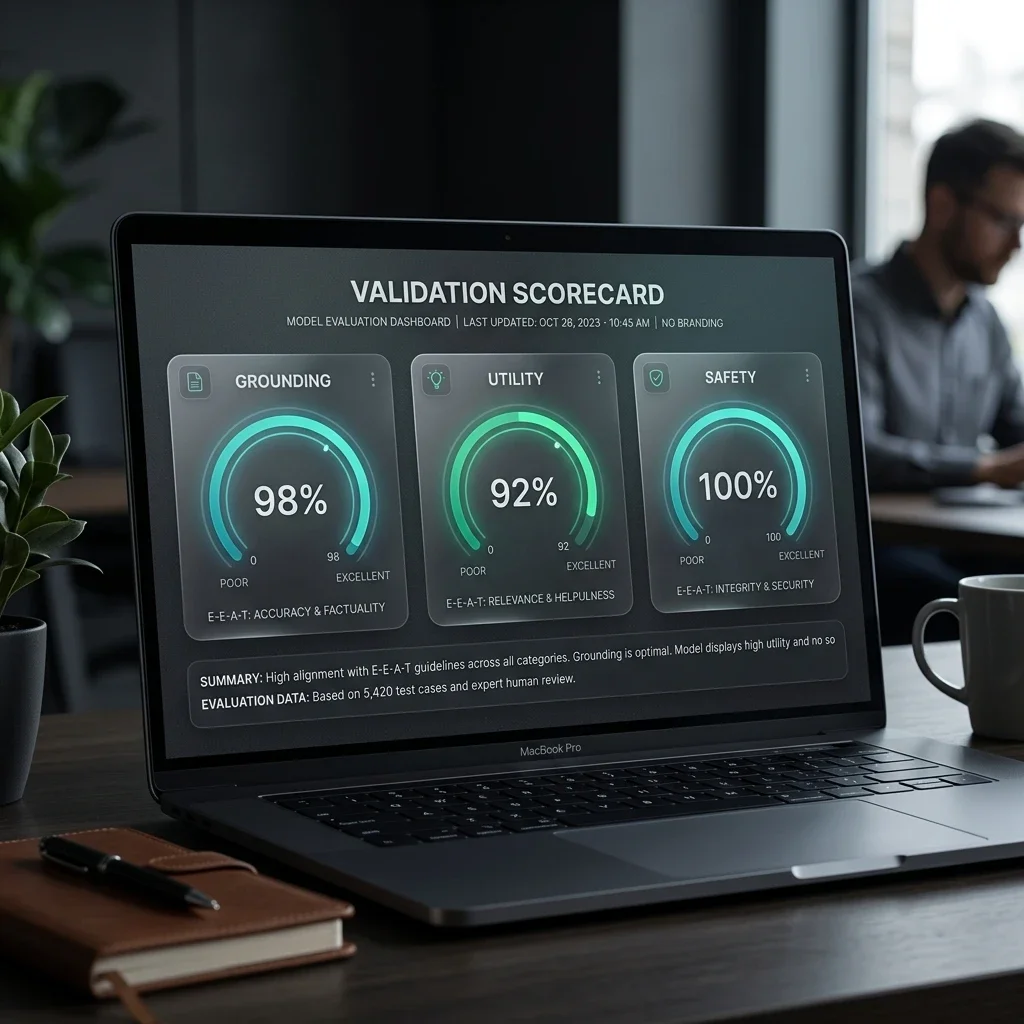 Quality Assurance: Real-time Grounding Verification. Automated scoring of every agent response for utility, safety, and document-level factual grounding. Validation & Accuracy Scorecard
