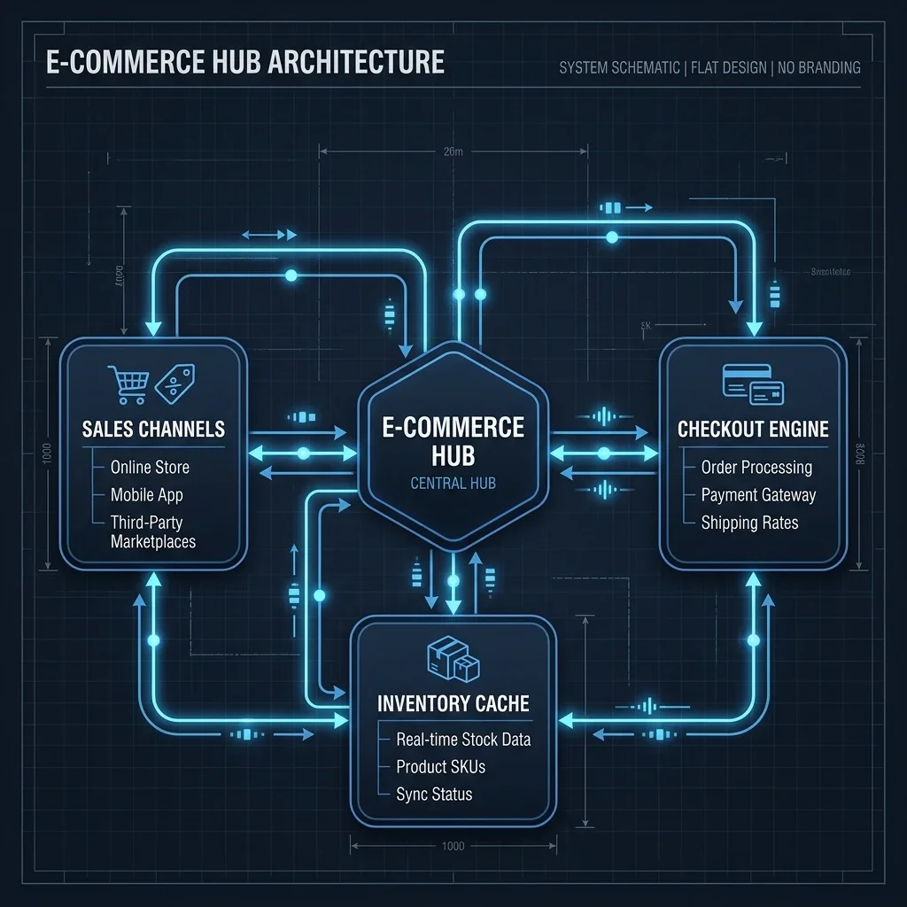 System Architecture Blueprint: A technical 2D diagram illustrating secure real-time message brokering, multi-channel sales integrations, and automated inventory sync caches. Core System Architecture Blueprint