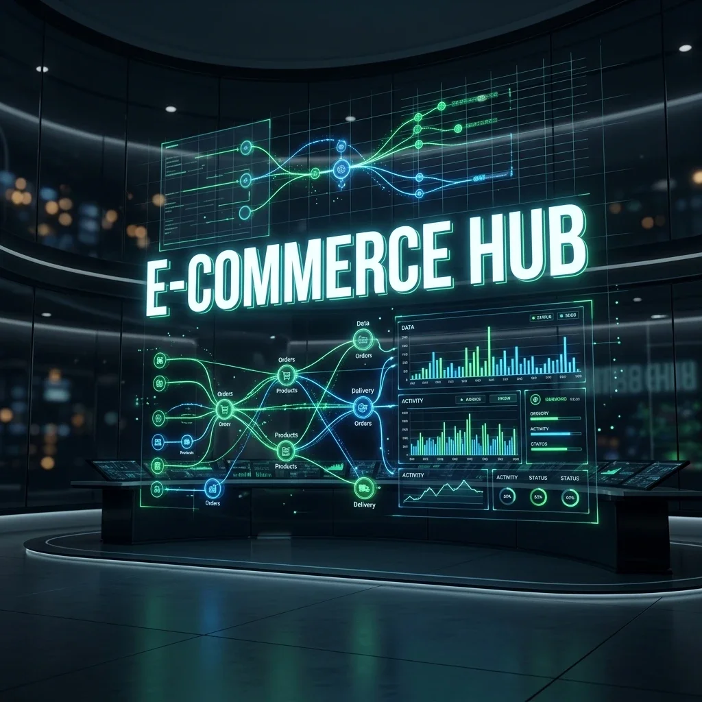 E-Commerce Operations Center: A cinematic high-fidelity visualization of an enterprise digital commerce control center monitoring real-time inventory levels, live transactions, and recovery pipelines. Autonomous E-Commerce Operations Banner