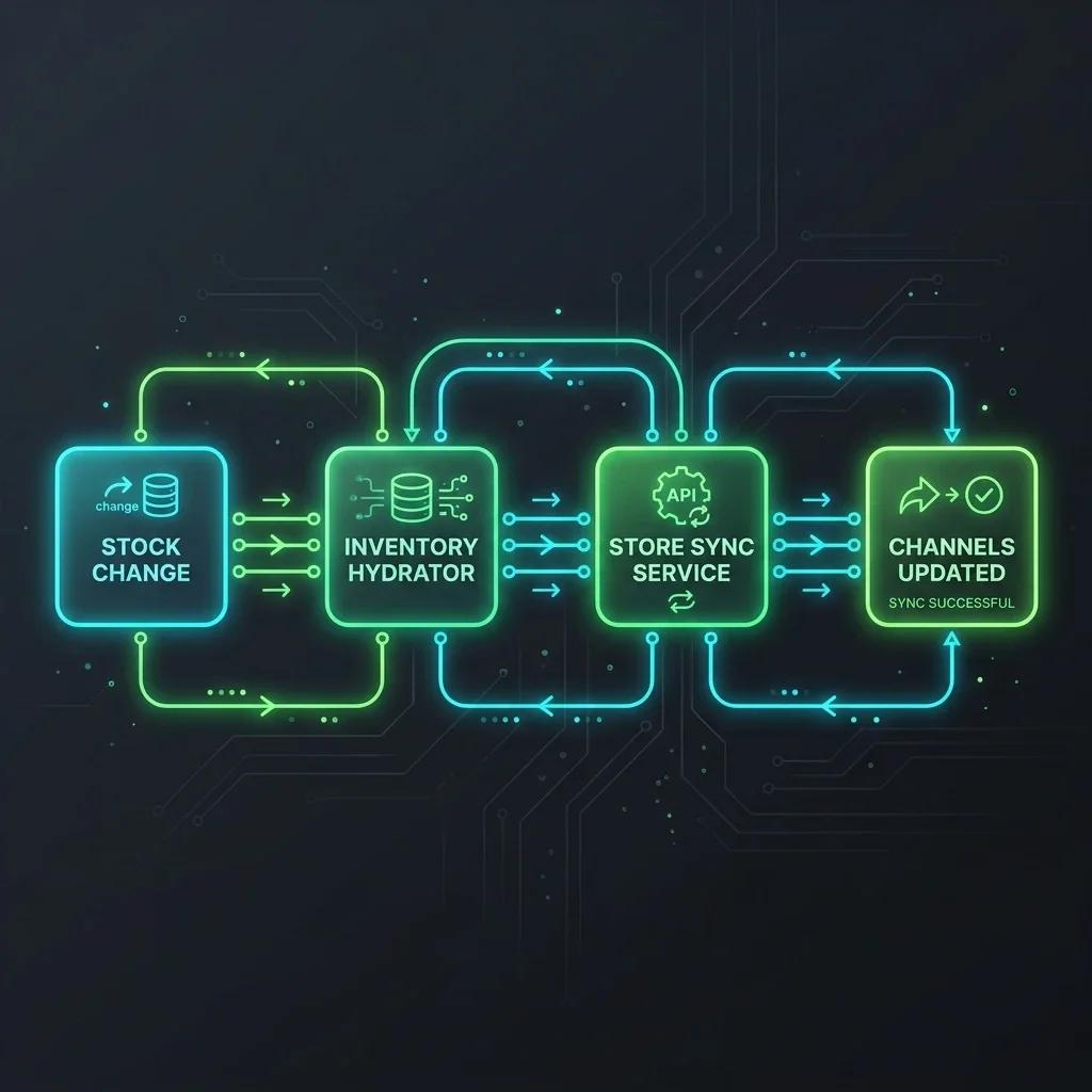 Inventory Synchronizer Process Flow: The structured multi-channel synchronizer pipeline displaying POS transactions, real-time inventory caching, and automated channel stock updates. Inventory Synchronizer Flow Process Flow
