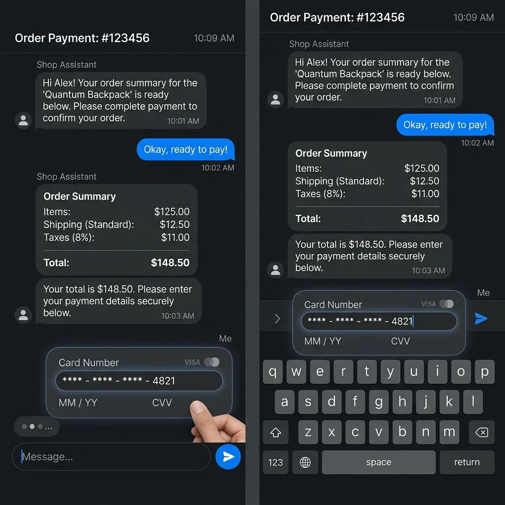 Secure Payment Verification: The in-chat secure payment screen, prompting the customer with total calculated taxes, shipping fees, and tokenized payment input fields. Secure Payment Verification Screenshot