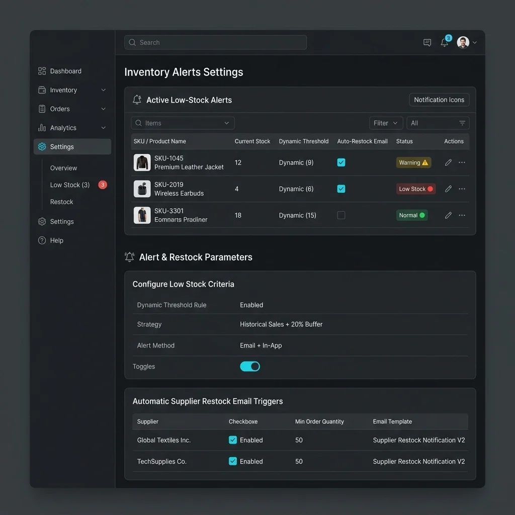 Low-Stock Alert Center: The inventory alerts dashboard displaying stock thresholds, automated supplier reorder queues, and real-time alerts. Low-Stock Alert Center Screenshot