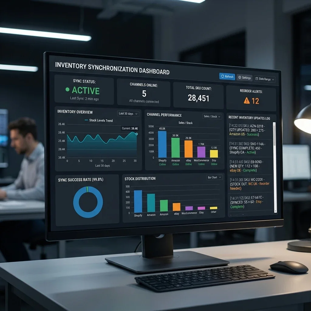 Inventory Sync Status: The operational overview dashboard tracking real-time stock levels, synchronized sale channels, and active sync logs. Real-Time Inventory Sync Screenshot