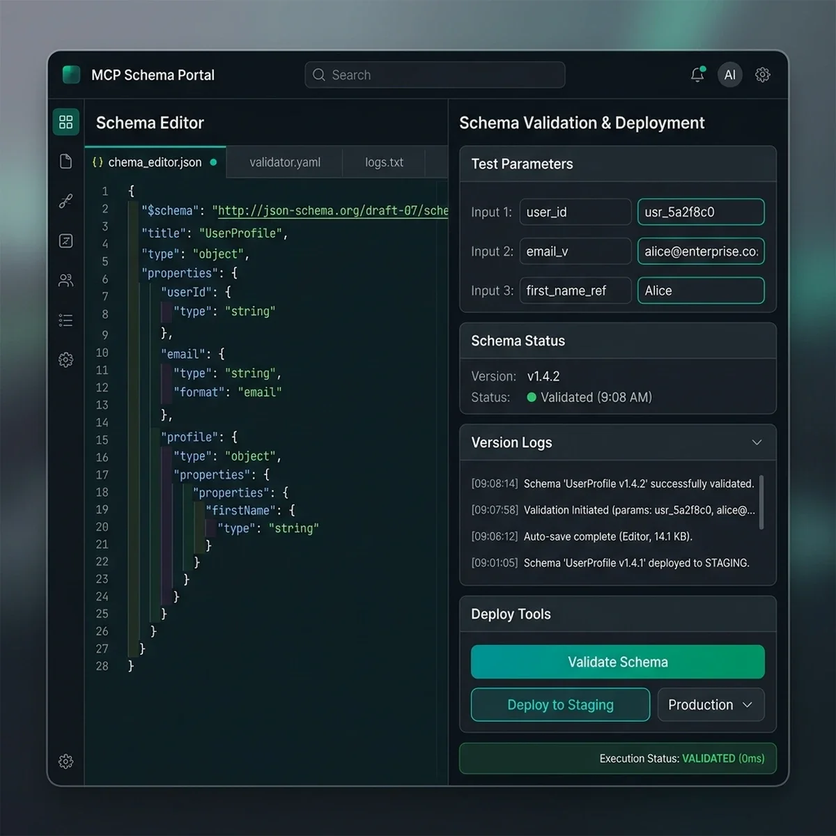 UI Screenshot: Security policy editor and allow-lists console displaying active rules and blocked prompt patterns.