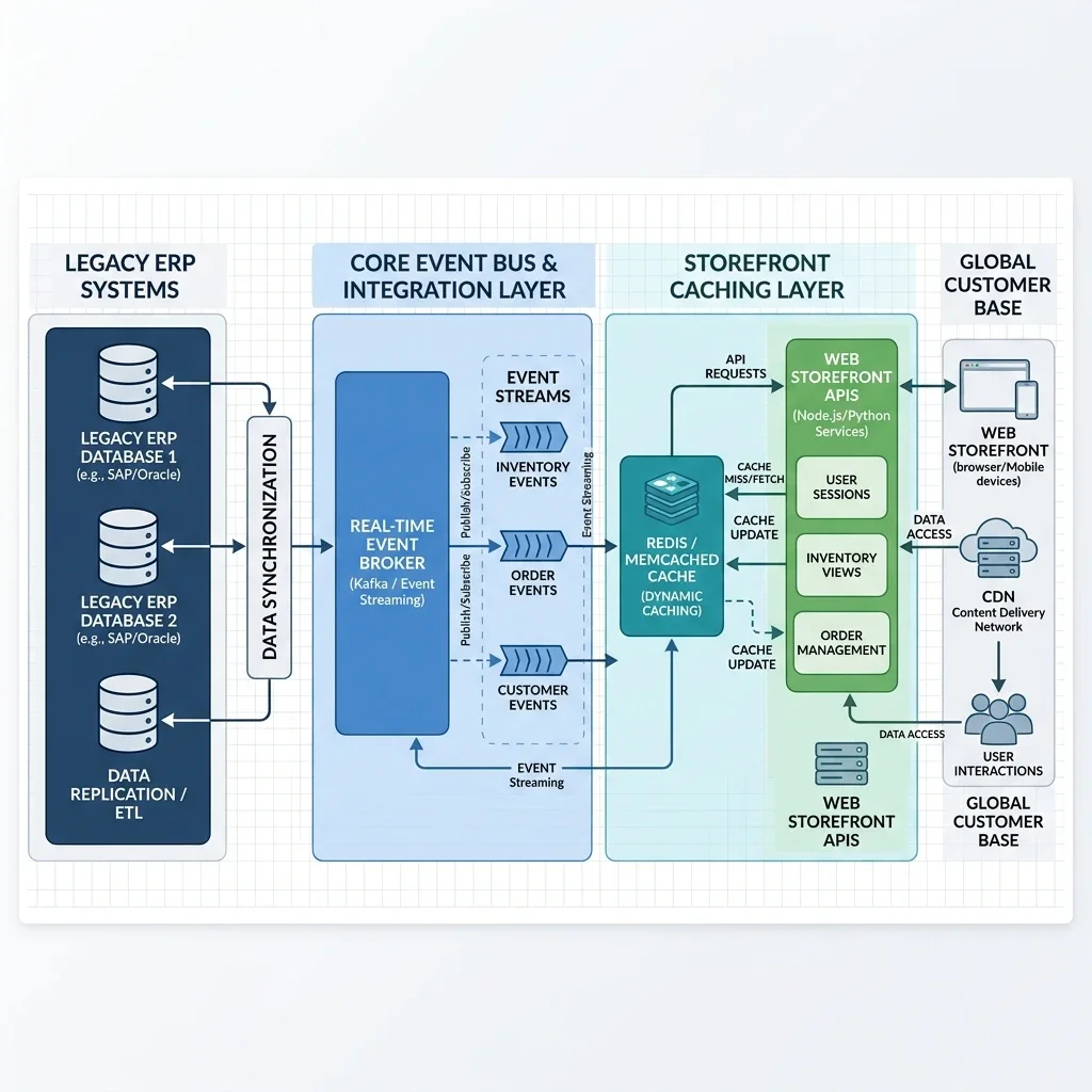 ERP System Topology Blueprint: A technical 2D diagram illustrating the integration between legacy ERP databases, a real-time event broker, and dynamic web storefront caches. ERP Integration System Topology