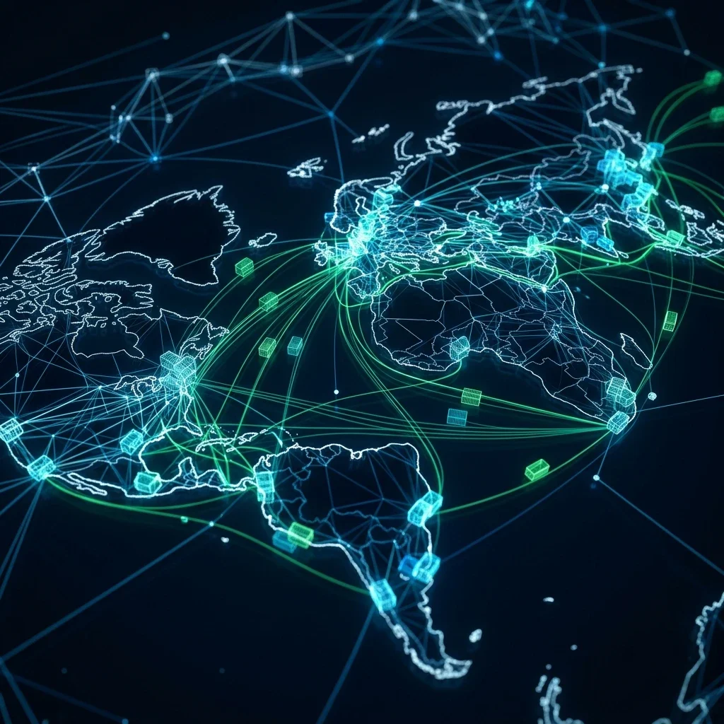 Supply Chain Operations Center: A cinematic high-fidelity visualization of a modern logistics control center, tracking real-time global shipments, predictive stock levels, and automated procurement dispatch pipelines. Predictive Supply Chain Banner