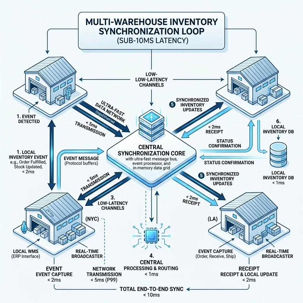 ERP Sync Process Flow: Process flow diagram illustrating the real-time multi-warehouse inventory synchronization loops, with sub-10ms latency updates. Real-Time Sync Process Flow
