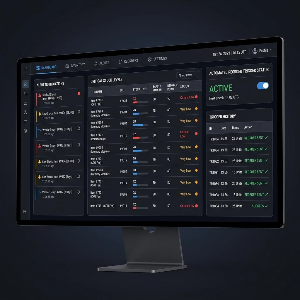 Supply Chain Alert Center: The active inventory dashboard displaying low-stock alerts, safety stock thresholds, and automated reorder triggers. Active Alert Center Screenshot