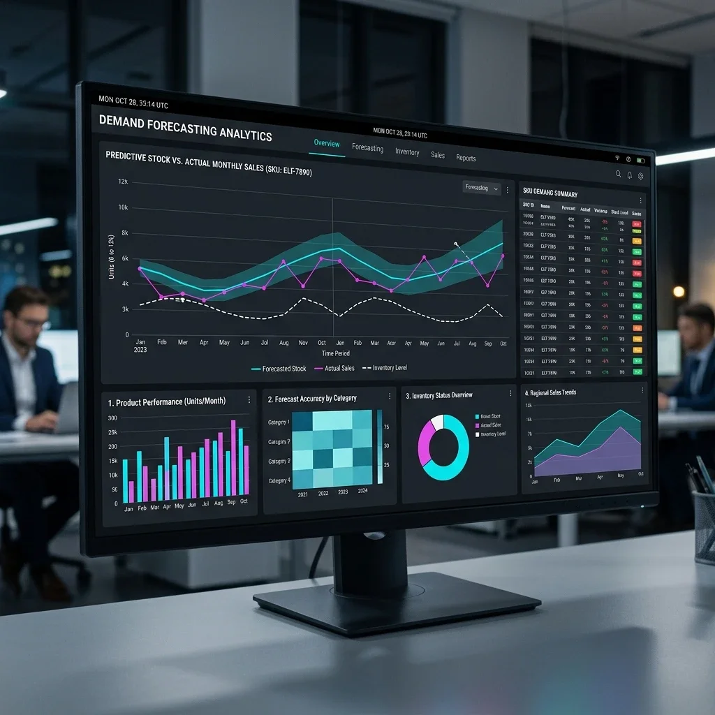 Demand Forecasting Dashboard: The analytics panel illustrating real-time sales velocities, historical inventory demands, and predictive forecasting graphs. Predictive Forecast Screenshot
