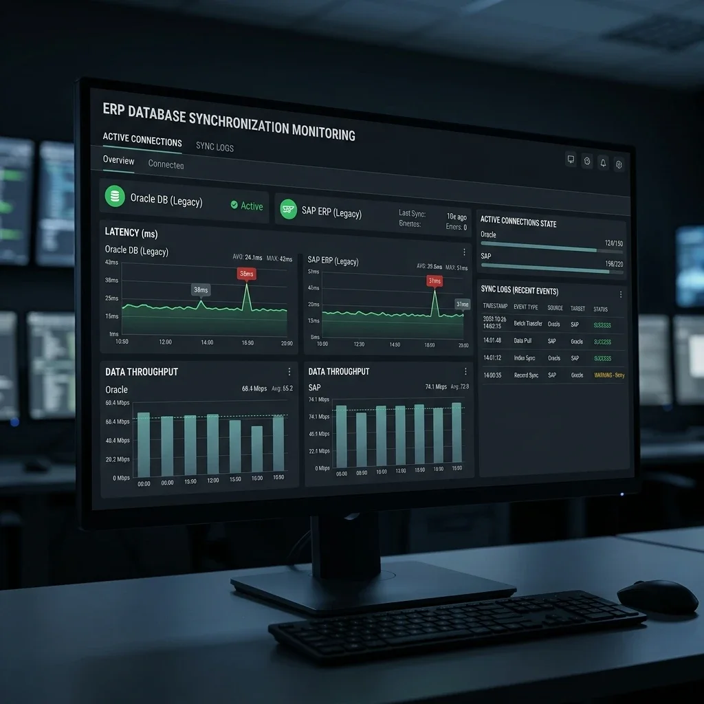 ERP Status Monitor: The administrative health panel tracking active connections, data throughput, and sync latency statistics of connected SAP/Oracle databases. ERP Status Monitor Screenshot