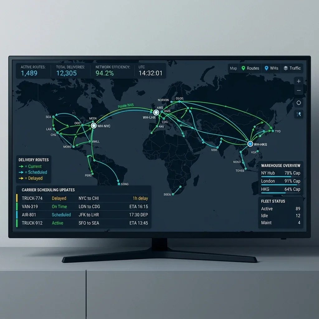 Dynamic Vendor Routing Screen: The logistics mapping interface demonstrating delivery routing status, carrier schedules, and dynamic warehouse distribution networks. Dynamic Vendor Routing Screenshot